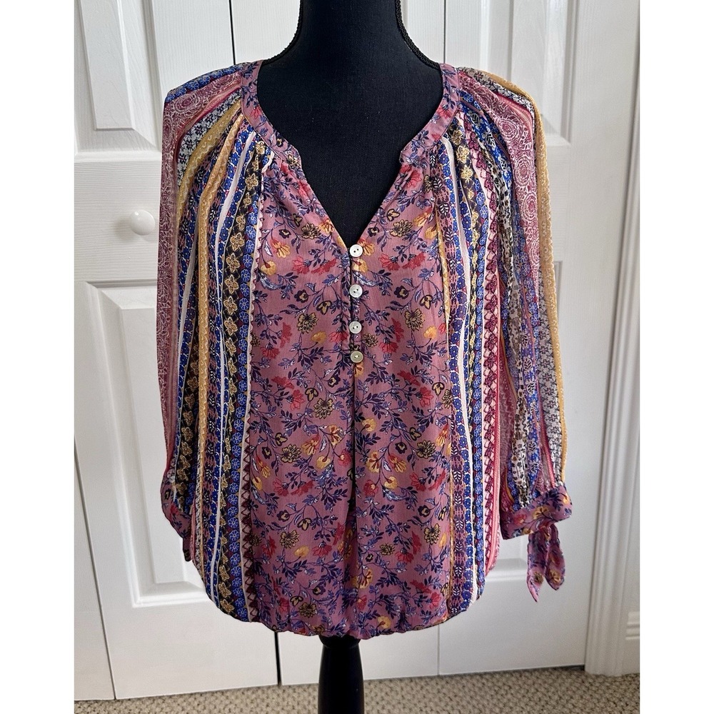 Olive Hill By Anthropologie BOHO Blouse Women's Floral Long Sleeve V Neck